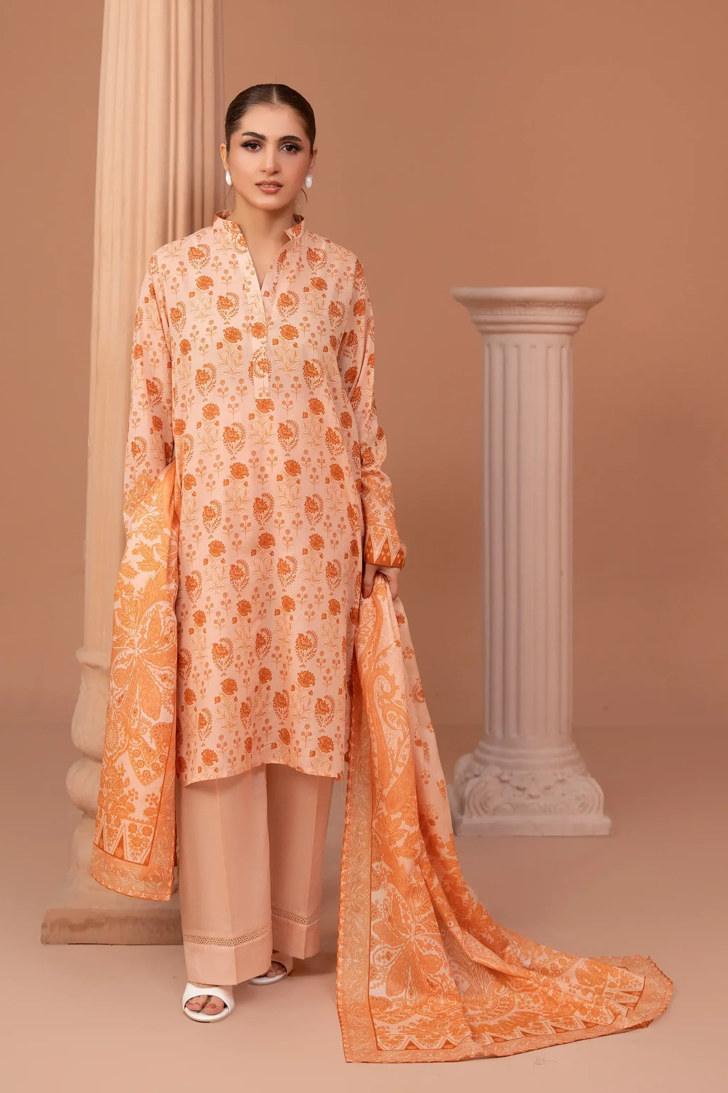 3 Piece Unstitched Peach Premium Printed Lawn - Image 3