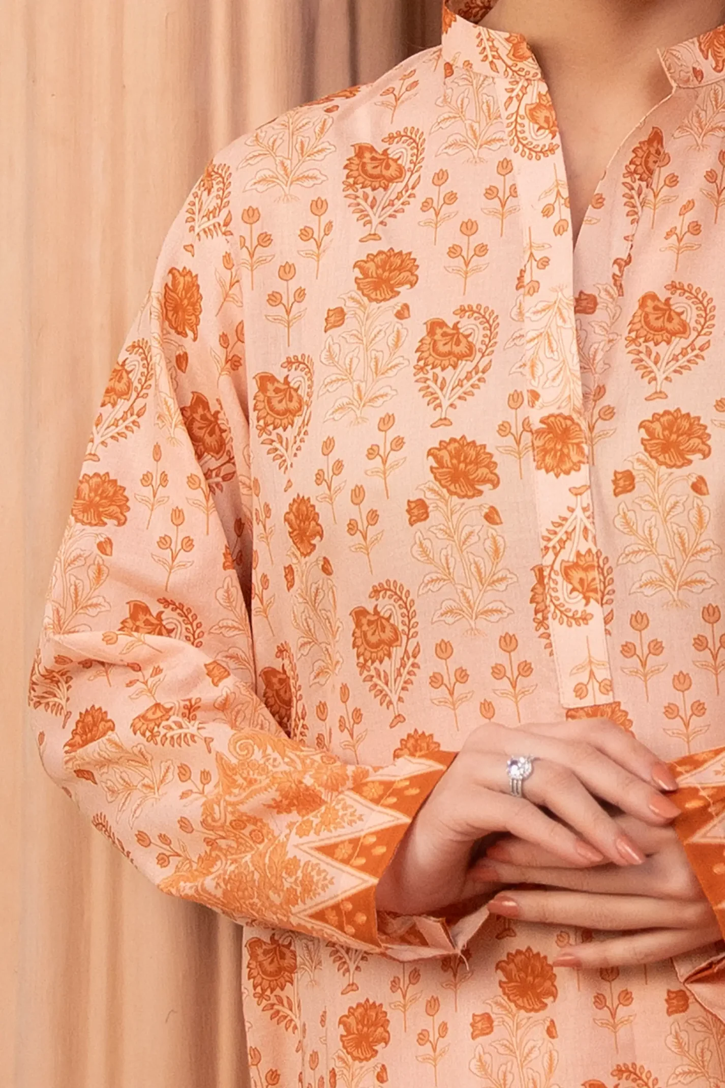 3 Piece Unstitched Peach Premium Printed Lawn - Image 2