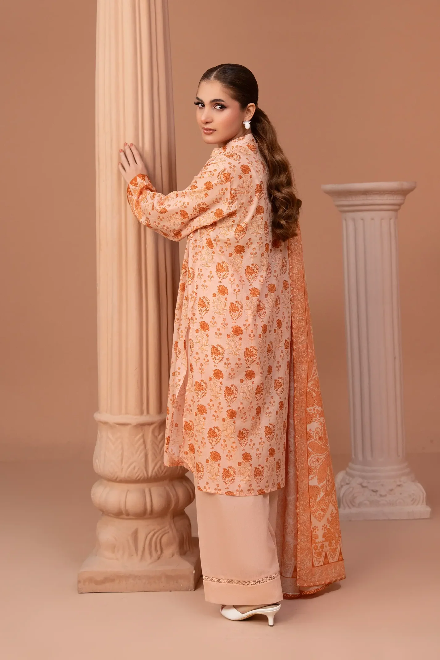 3 Piece Unstitched Peach Premium Printed Lawn - Image 4