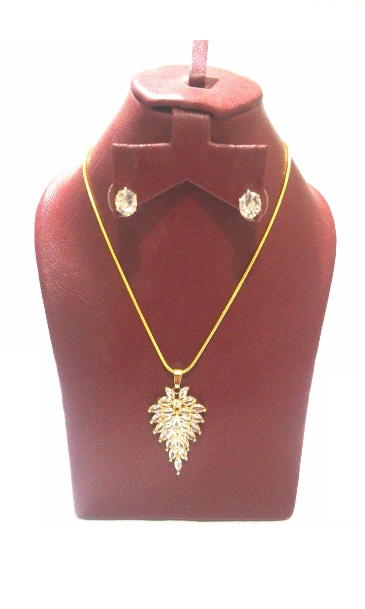 Real Gold Polish Leaf Shape with Full Zirconia Stones Necklace Set with Small Ear Tops For Women