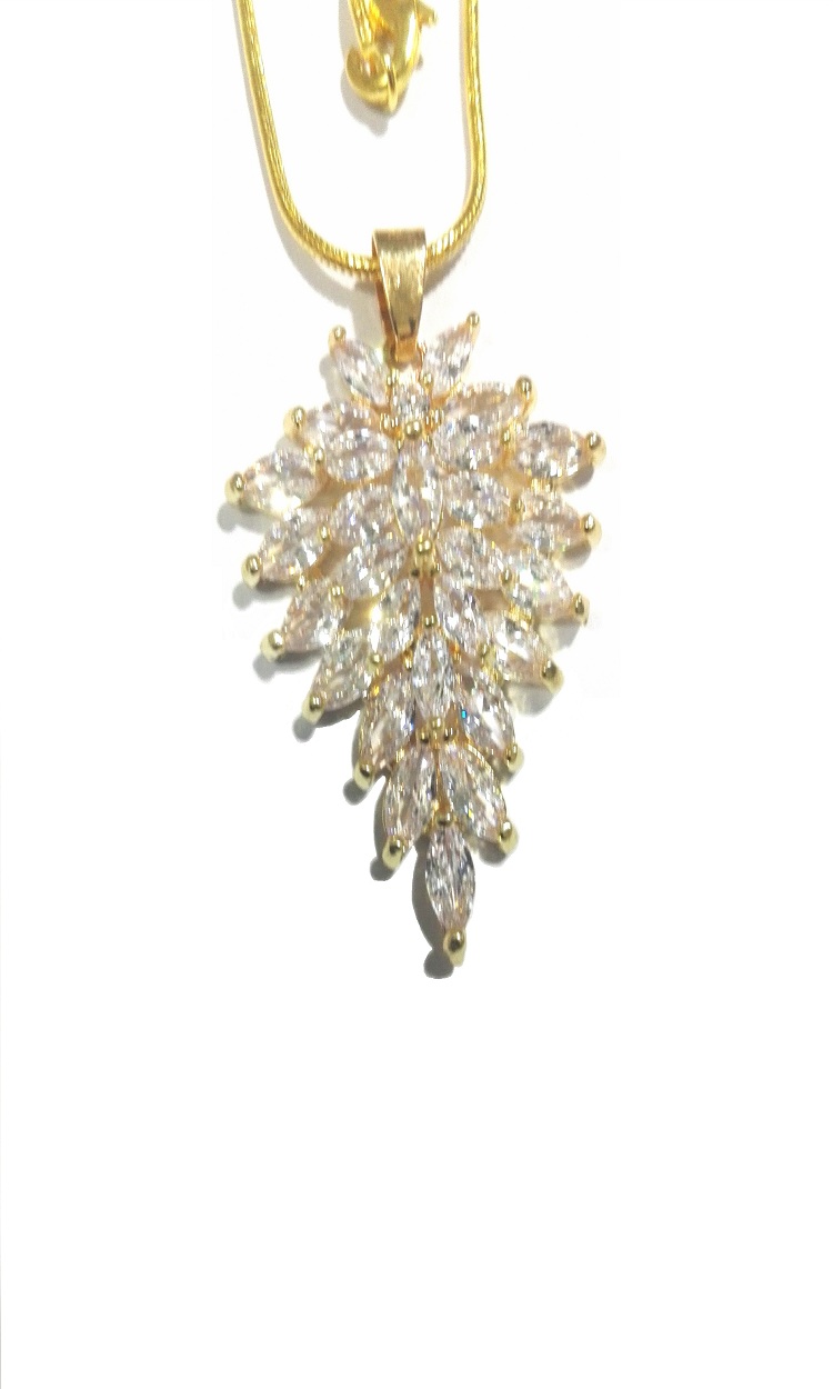 Real Gold Polish Leaf Shape with Full Zirconia Stones Necklace Set with Small Ear Tops For Women - Image 3