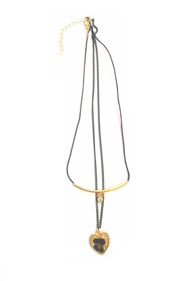 Real Gold Polish Stylish Necklace Set with Black Chain and Upward Black Cord with Long Earrings For Women - Image 2