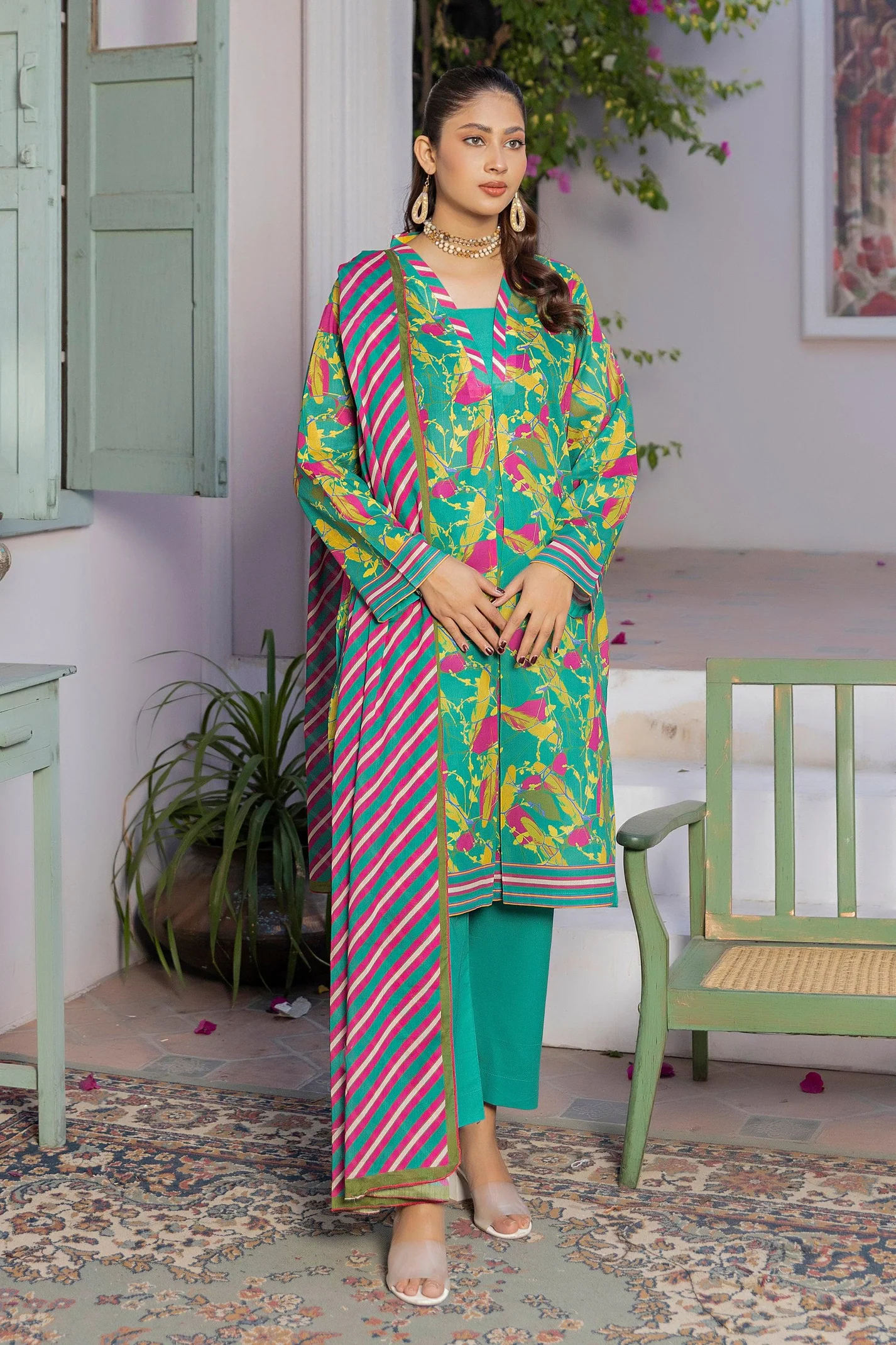 3 Piece Unstitched Sea Green Printed Lawn - Image 3
