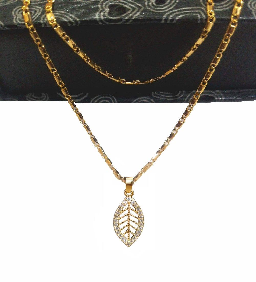 Pure Gold Polish Leaf Shape Small Locket Set with Italian Design Chain and Full Zirconia Stones For Women