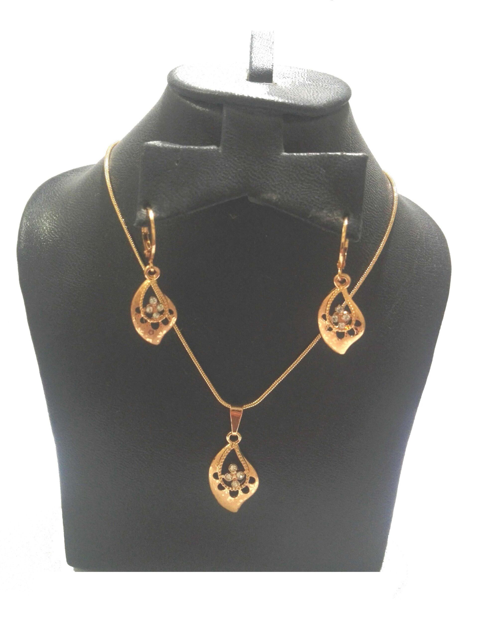 Real Gold Polish Leaf Shape Necklace Set with Small Zirconia Stones For Women