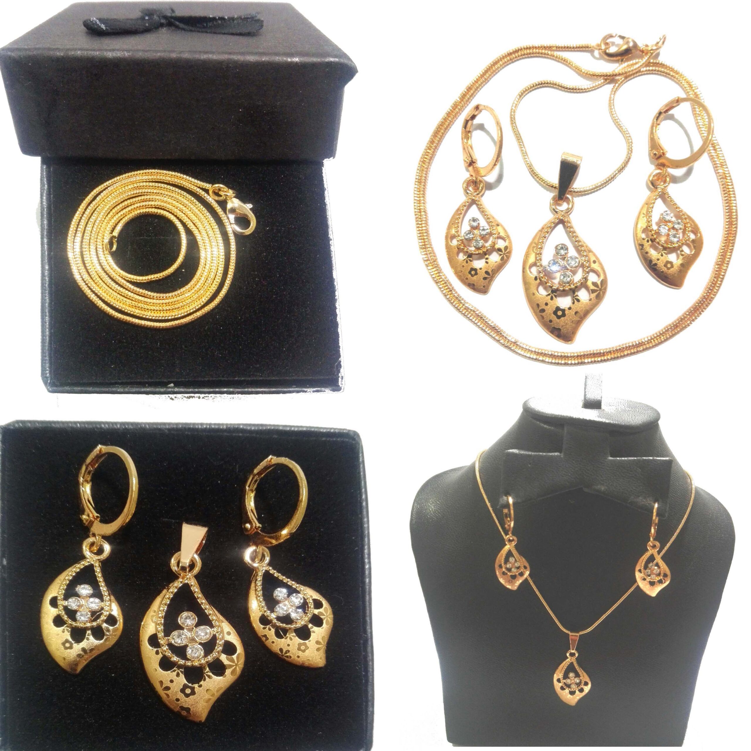 Real Gold Polish Leaf Shape Necklace Set with Small Zirconia Stones For Women - Image 5