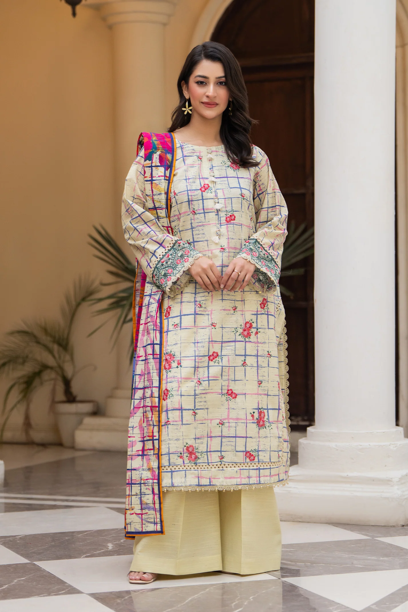 3 Piece Unstitched Cream Embroidered Khaddar - Image 3
